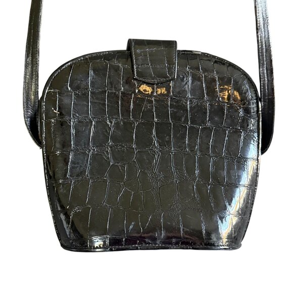 Stuart Weitzman Faux Leather Croco Embossed Patent Shoulder Bag Women's Black - Picture 8 of 11